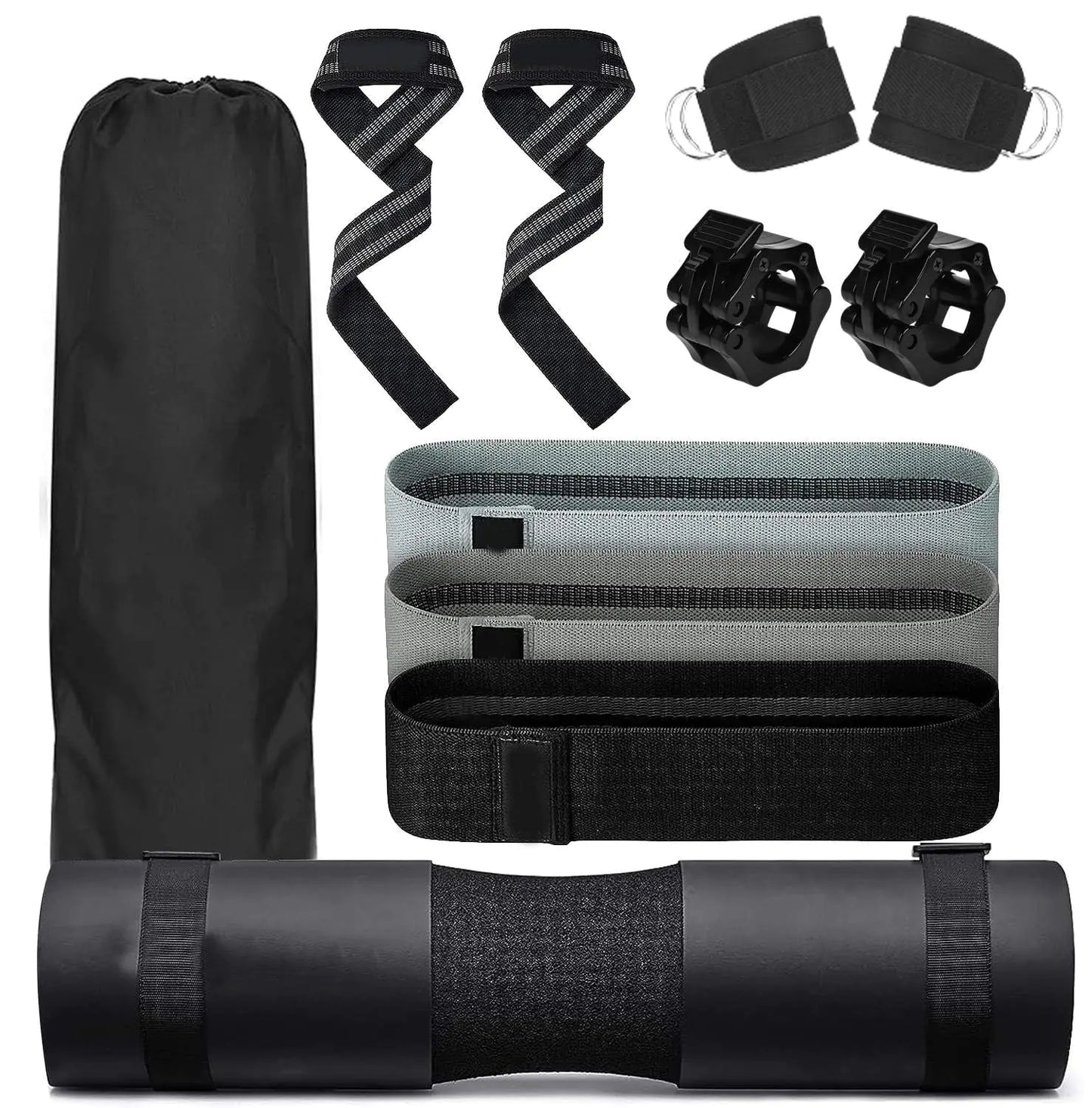Gym Barbell 11-Piece Set Black Pad for Squat Hip Thrusts Lunges Leg Day Standard Olympic Bars with Safety Clips Hip Resistance Bands Ankle Straps Carry Bag (Black)