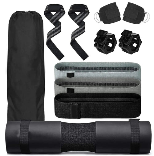 Gym Barbell 11-Piece Set Black Pad for Squat Hip Thrusts Lunges Leg Day Standard Olympic Bars with Safety Clips Hip Resistance Bands Ankle Straps Carry Bag (Black)