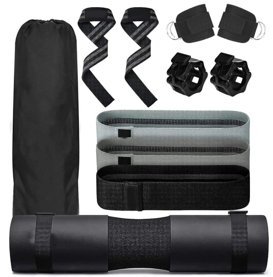 Gym Barbell 11-Piece Set Black Pad for Squat Hip Thrusts Lunges Leg Day Standard Olympic Bars with Safety Clips Hip Resistance Bands Ankle Straps Carry Bag (Black)